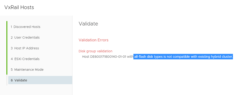 VxRail hosts validation errors disk group validation